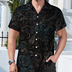 Dark Floral & Celestial Button‑Down Shirt – Gothic Streetwear Statement