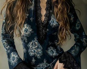 Boho Floral Lace Blouse – Vintage Deep V‑Neck Top with Bell Sleeves
