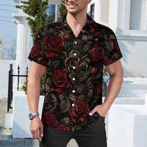Floral Button Up Shirt, Red Rose Print | Black Short Sleeve 4-Way Stretch