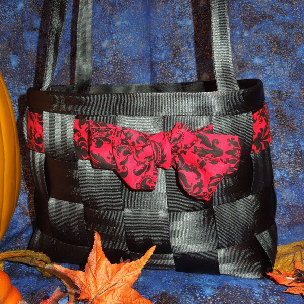 Large Black Seatbelt Purse with Black and Red Interior