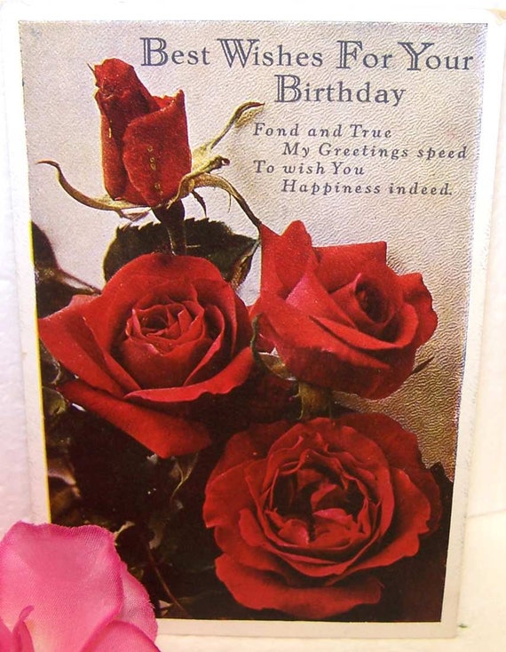 Red Roses Birthday Postcard Flowers Botanical Antique Etsy