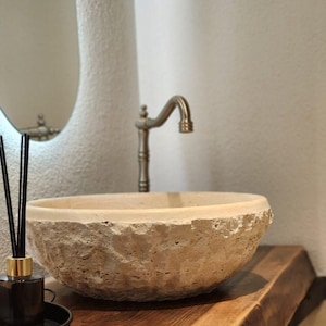 Natural Travertine Vessel Sink – Rustic Round Stone Bathroom Basin
