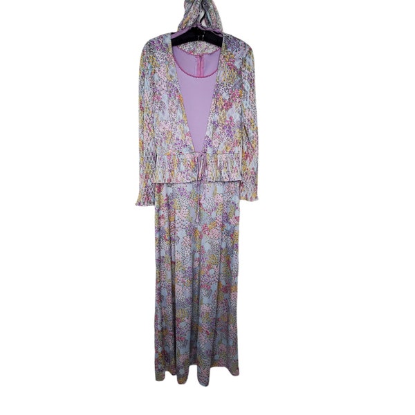 Vintage 1970s Handmade Purple Floral Maxi Dress With Matching Jacket and Scarf  Sz M, Purple, Blue, Pink Flowers Wedding Guest Dress