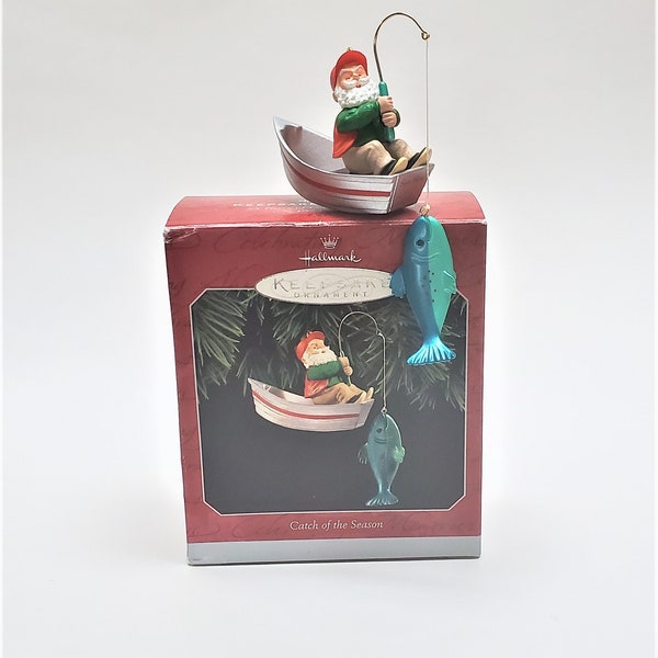 1998 Catch of the Season,  Hallmark Keepsake Ornament, Santa Catching a Big Fish From A Boat