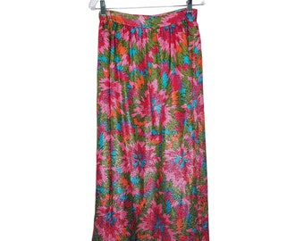 Vintage 1970s Handmade A-line Maxi Skirt, Pink & Green Floral Shimmer Sz M, 70s Cocktail Skirt,  Formal Skirt,