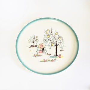 1950s Brock of California Forever Yours Dinner Plate, Mid-Century Pottery, 1950's Dinnerware, Teal Green Edge with a Couple in the Park