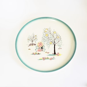 1950s Brock of California Forever Yours Dinner Plate, Mid-Century Pottery, 1950's Dinnerware, Teal Green Edge with a Couple in the Park