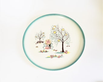 1950s Brock of California Forever Yours Dinner Plate, Mid-Century Pottery, 1950's Dinnerware, Teal Green Edge with a Couple in the Park