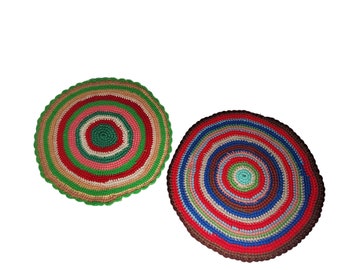 Vintage Handmade Crocheted Large Round Yarn Doilies, 70s Funky Kitchy Home Decor, Rainbow of Colors Set of 2