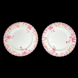 May include: Two white ceramic plates with a floral design. The plates have a scalloped edge with pink and orange flowers and a pink border. The plates are set against a black background.