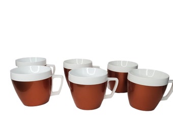 Vintage Set of 6 West Bend Therma-Serv Coffee Cups, Bronzish Gold & White Plastic Coffee Mugs, 1960s MCM