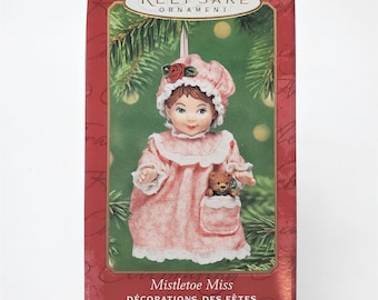 Vintage 2001 Mistletoe Miss Number 1 in Series, Set of 2 Hallmark Keepsake Christmas Ornament, Little Girl in A Nightgown, Teddy Bear too.