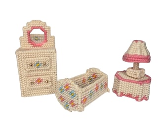 Vintage Handmade Plastic Canvas Dollhouse Bathroom Set Toilet Tub Sink Hamper