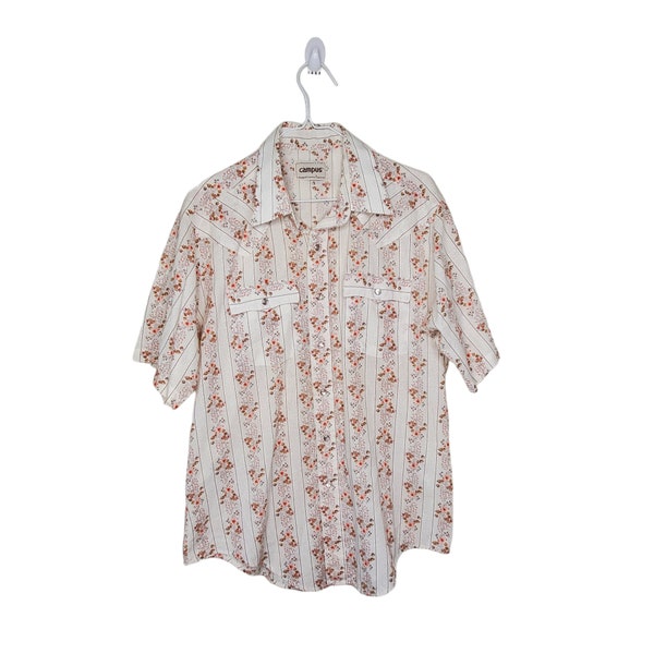 Vintage 80s Men's Campus Rugged County, Western Floral Short Sleeve Button Down Shirt Sz 16- 16.5"