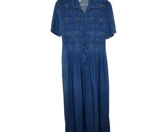 Karin Stevens Vintage 90s Floral Embroidered Midi Jean Dress Short Sleeve Sz 12, Cottagecore, Grannycore, Grandma Summer Dress