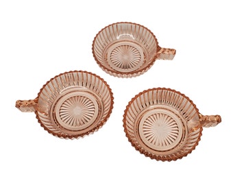 Set of 3 Anchor Hocking Queen Mary Pink Depression Glass Small Fruit Dessert Bowls, 1930s Berry Bowls