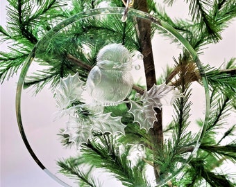 1979 Holiday Cheer Clear Acrylic Ornament Hallmark Keepsake Ornament, Sparrow Sitting on a Branch, Dated 1979