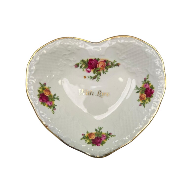Vintage Royal Albert Old Country Roses Heart Dish With Love Gold Trim Bone China Trinket Dish Ring Dish Cottagecore Decor Gift image 2