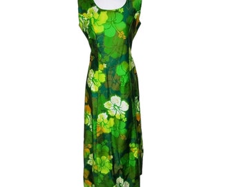 Vintage Beautiful Hawaii Wear Dress, Green Hibiscus Maxi Sheath Dress SZ 10, Luau Dress, 1960s Party Dress