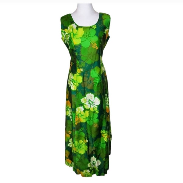 Vintage Beautiful Hawaii Wear Dress, Green Hibiscus Maxi Sheath Dress SZ 10, Luau Dress, 1960s Party Dress