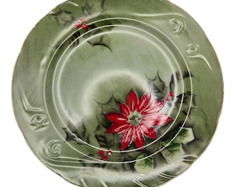 Poinsettia By Lefton Holly Green Background Limited Edition Salad Plate 7 1/4", Mid-century Christmas, Traditional Christmas Charm