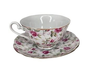 Vintage Set Lefton Pink Rose Chintz Porcelain Tea Cup And Saucer