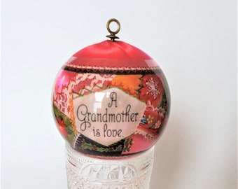 1982 Grandmother Hallmark Keepsake Ornament Pink Satin Ball, "Christmas 1982" and "A Grandmother Is Love." Crazy Quilt Ornament