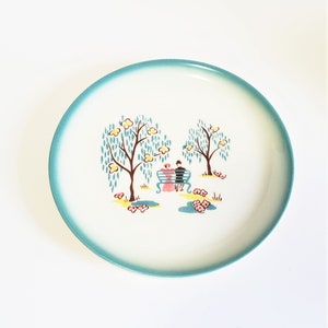 1950s Brock of California Forever Yours Bread and Butter Plate, Mid-Century Pottery, 50's Dinnerware, Teal Green Edge, Couple in the Park