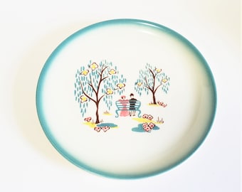 Plato de pan y mantequilla Brock of California Forever Yours de la década de 1950, cerámica de mediados de siglo, vajilla de los años 50, borde verde azulado, pareja en el parque