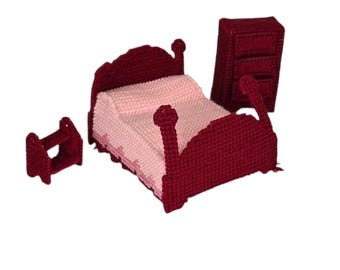 Vintage Handmade Plastic Canvas Dollhouse Bedroom Set Bed Nightstand Stool 1:12