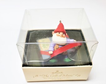 Vintage 1984 Gift of Music Hallmark Hallmark Keepsake Ornament, Wind Up Gift Box with an Elf Sitting on Top, Plays Jingle Bells MIB