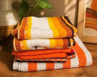 Vintage 1970s Cannon Kitchen Towel & 6 Washcloths Orange Brown Striped Retro Lot