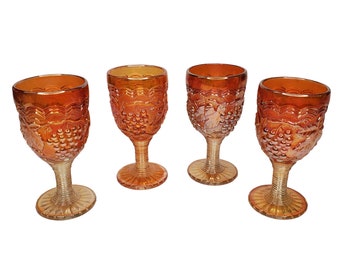 Vintage 1970s Imperial Carnival Glass, Marigold Grape Pattern Cordial Glasses Set of 4, Carnival Glass Goblets, Orange Yellow Drinkware