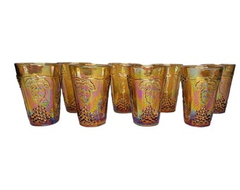 Vintage 1970s Set of 8, Harvest Carnival by Colony in Amber Grape and leaves pattern  Marigold Carnival Glass Juice Glasses