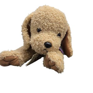 May include: A plush toy dog in a lying position. The dog has light brown fur, dark brown eyes, and a black nose. The ears and paws are a darker shade of brown. A tag is attached to the dog's ear.