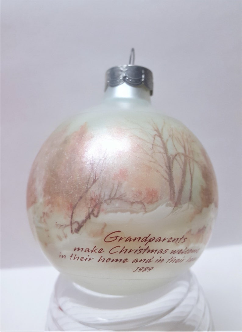 Christmas Tree Ball Ornament 1989 Grandparents Hallmark Ornament White Glass Ball