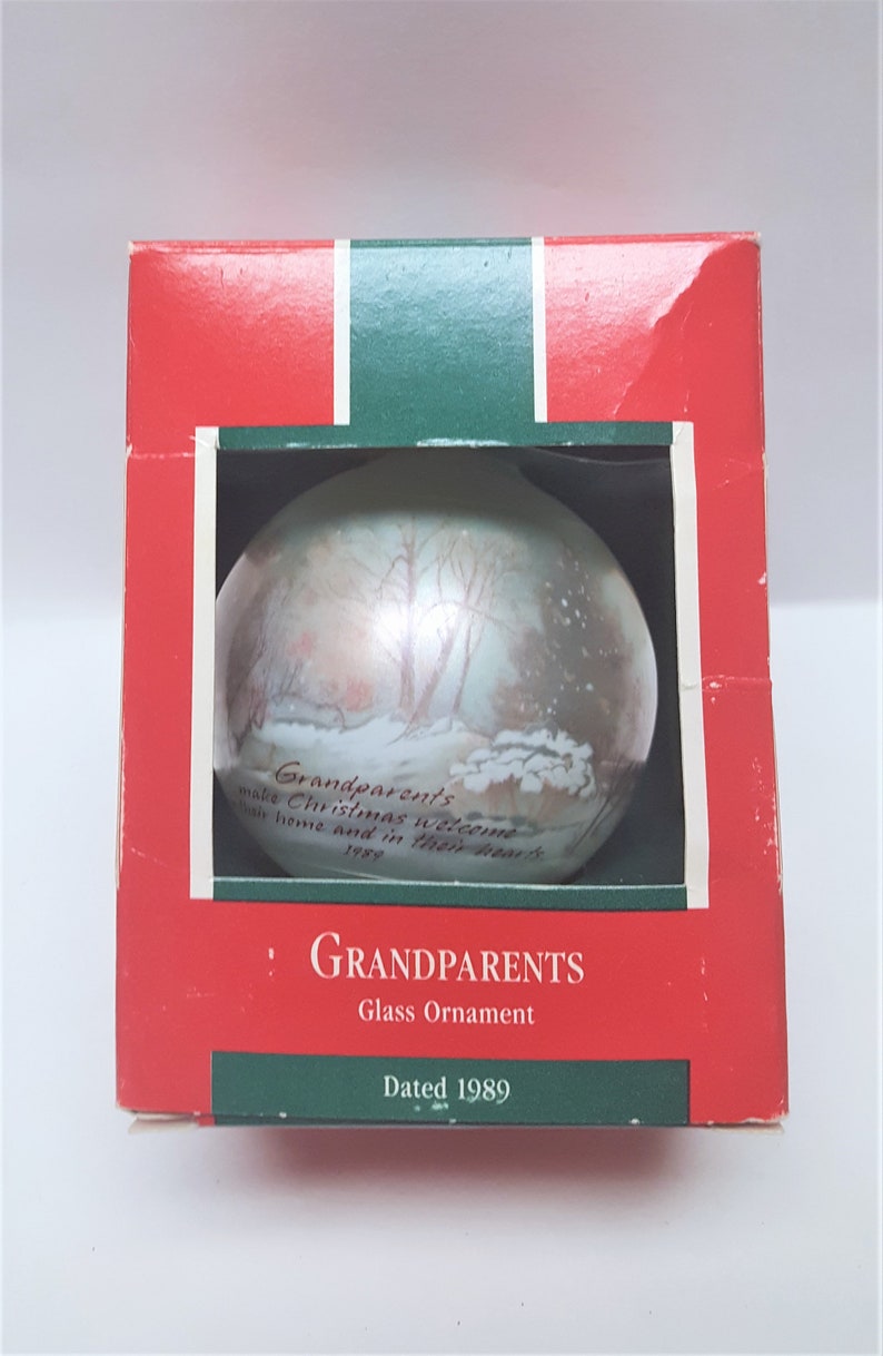 Christmas Tree Ball Ornament 1989 Grandparents Hallmark Ornament White Glass Ball