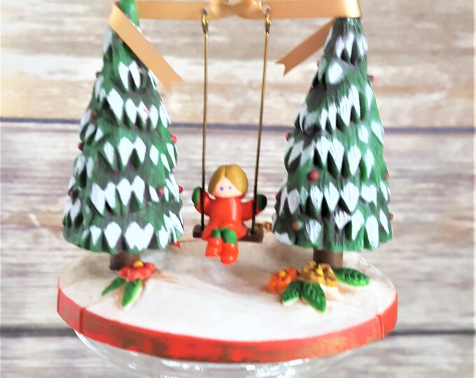 1979 Outdoor Fun Hallmark Ornament, Features a Girl on a Moving Swing Between 2 Evergreens With