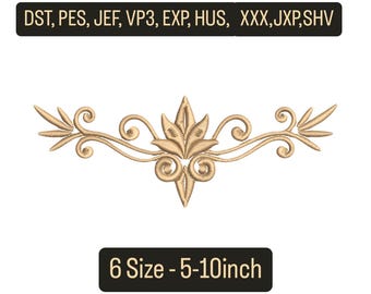 May include: A gold-colored embroidered design with a central leaf motif and scrolling details. The design is approximately 5 to 10 inches in size. The image also includes text indicating various file formats.