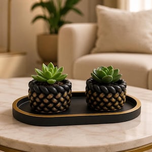 Black Gold Mini Planter Set with Tray: Two Textured Succulent Pot Covers
