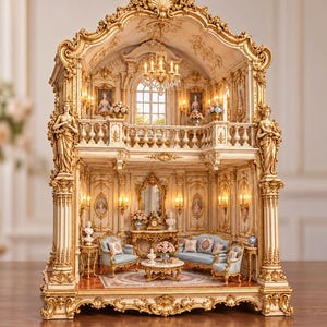 May include: A two-story dollhouse featuring ornate gold-toned architectural details, including sculpted pillars and statues. The interior displays a living room with blue upholstered furniture, a central chandelier, wall mirrors, and floral arrangements.