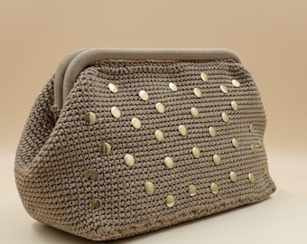 Beige Crochet Evening Clutch – Handmade Gold Stud Purse