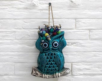 Handmade Turkish Ceramic Owl Wall Hanging: Evil Eye Protection Decor