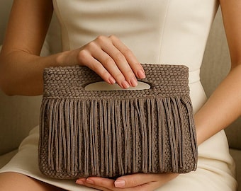 Brown Fringe Crochet Clutch – Handmade Boho Chic Purse by Mireva