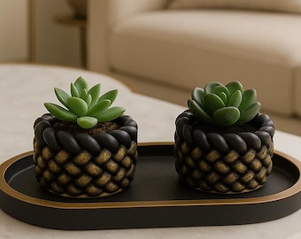 Black-Gold Succulent Planter Set, Handmade Mini Succulent Pots with Tray
