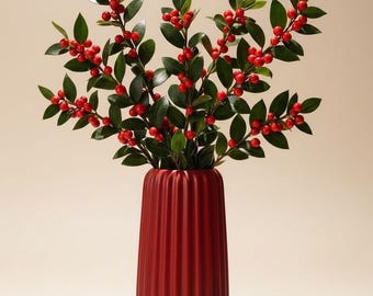 Dark Red Fluted Vase – Matte Ribbed Stone Decor