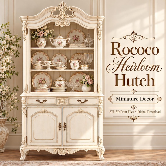 Antique Rococo Cabinet STL, Miniature Decor, Dollhouse Furniture 3D Print File