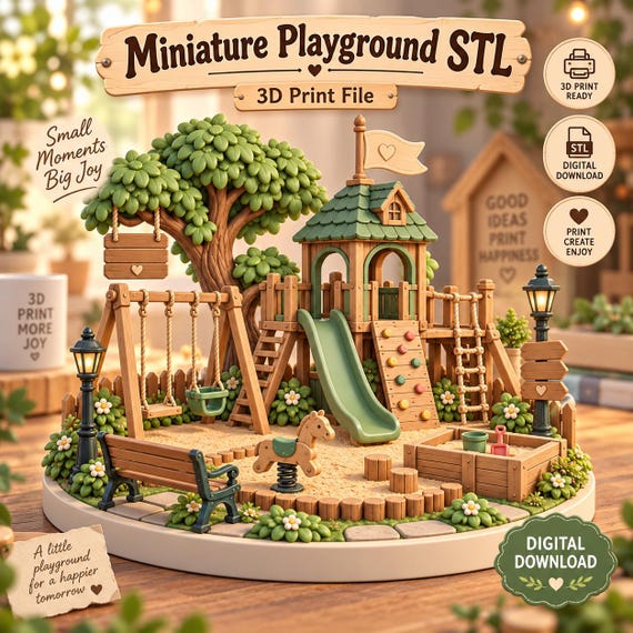 Miniature Playground STL Set, Dollhouse Play Area 3D Print File, Diorama Playground
