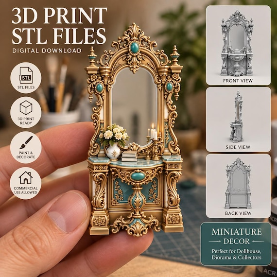 Rococo Vanity Mirror STL, 1:12 Dollhouse Baroque Furniture, Miniature Dressing Table 3D Print File