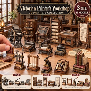 Pode incluir: Uma coleção de 15 modelos em miniatura de uma oficina de impressão vitoriana em 3 arquivos STL. O conjunto inclui prensas de impressão detalhadas, armários, estantes, ferramentas de encadernação e pilhas de livros em madeira.